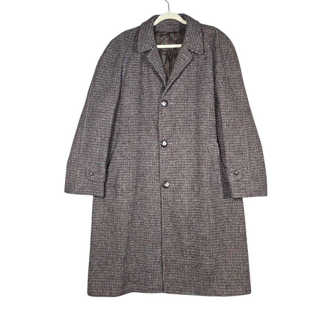 Vintage 60s Harris Tweed Mens L Overcoat Handwoven Scottish Wool Gray Long Coat